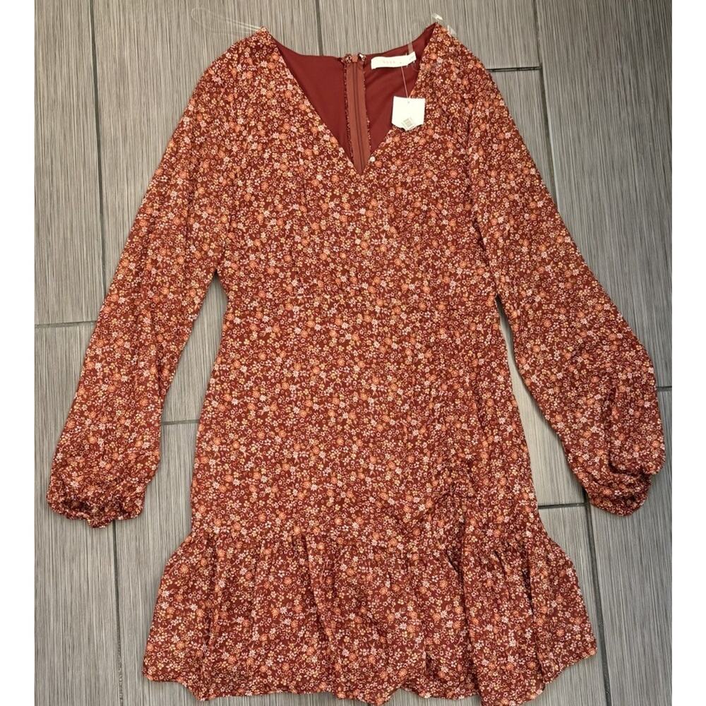 Lush Burnt Orange Floral Faux Wrap Dress Size Medium Sheer Balloon Sleeves NWT